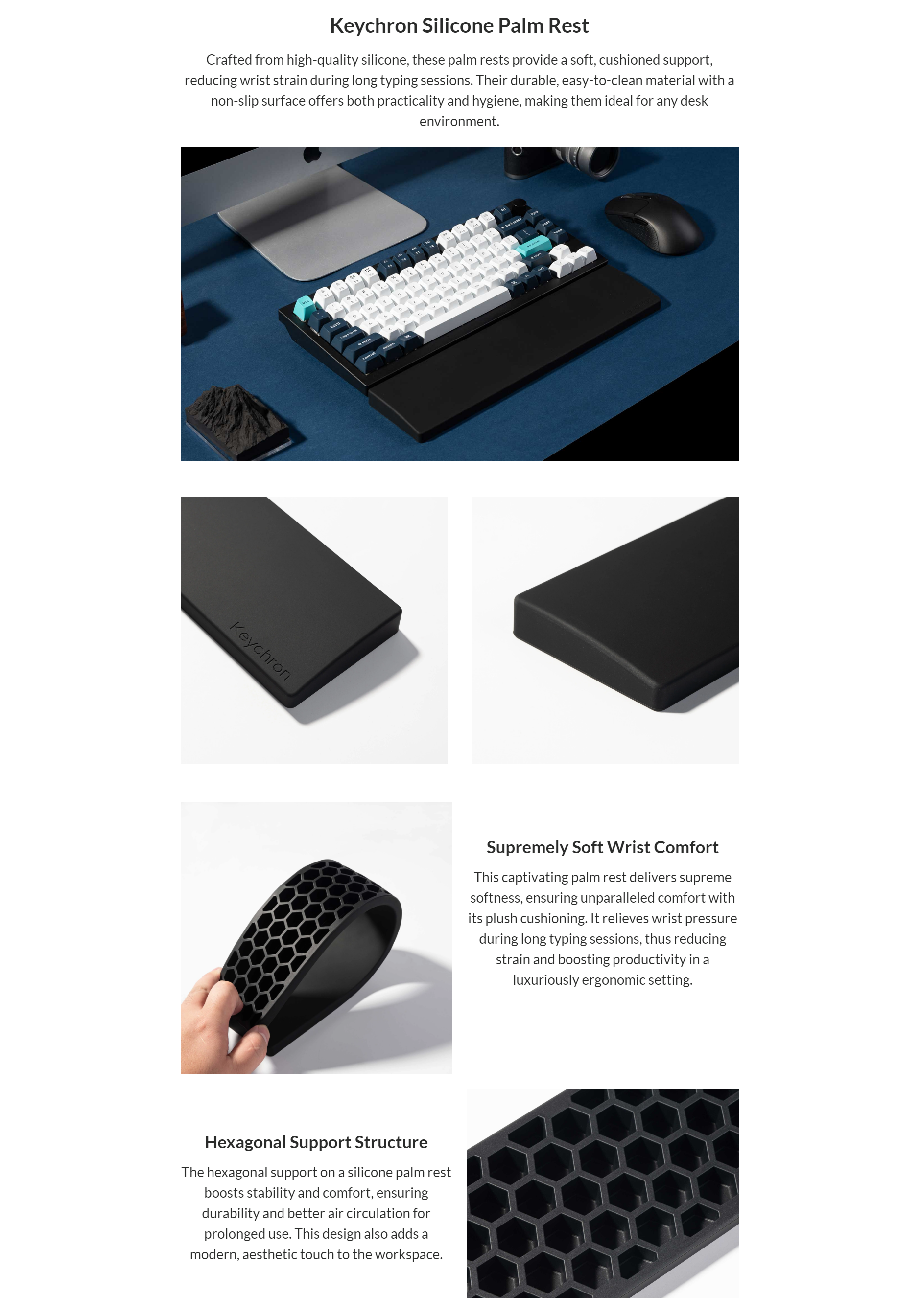A large marketing image providing additional information about the product Keychron PR47 Silicone Palm Rest - Additional alt info not provided